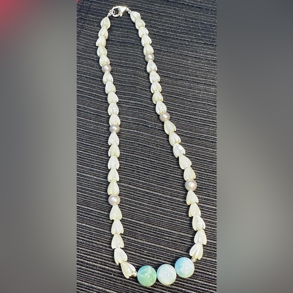 Mylei Maui Jewelry - Handmade Mother of Pearl Pikake 16” Choker Necklace AAA Larimar Grey Pearls